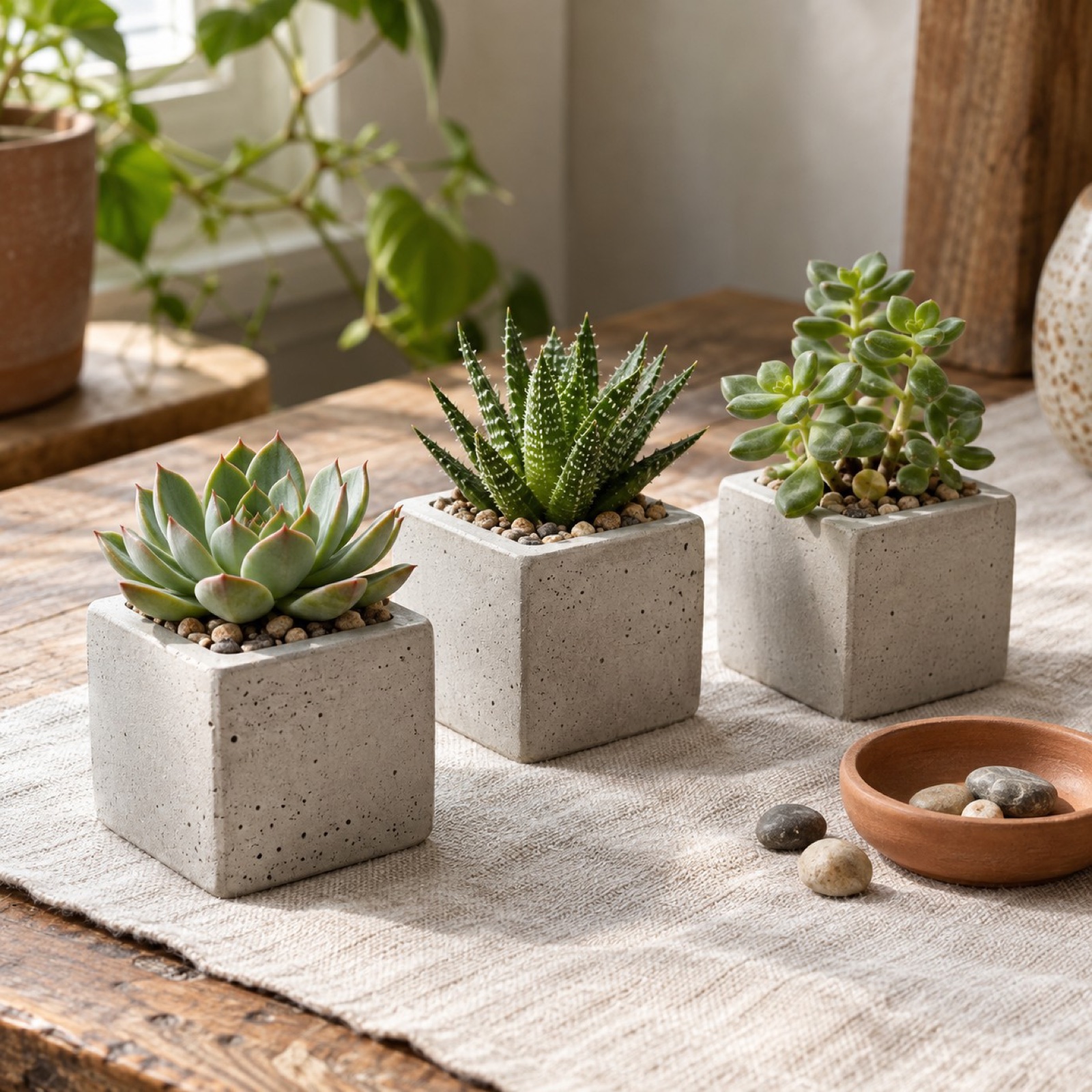 Three small concrete mini planters with succulents on a sunny windowsill