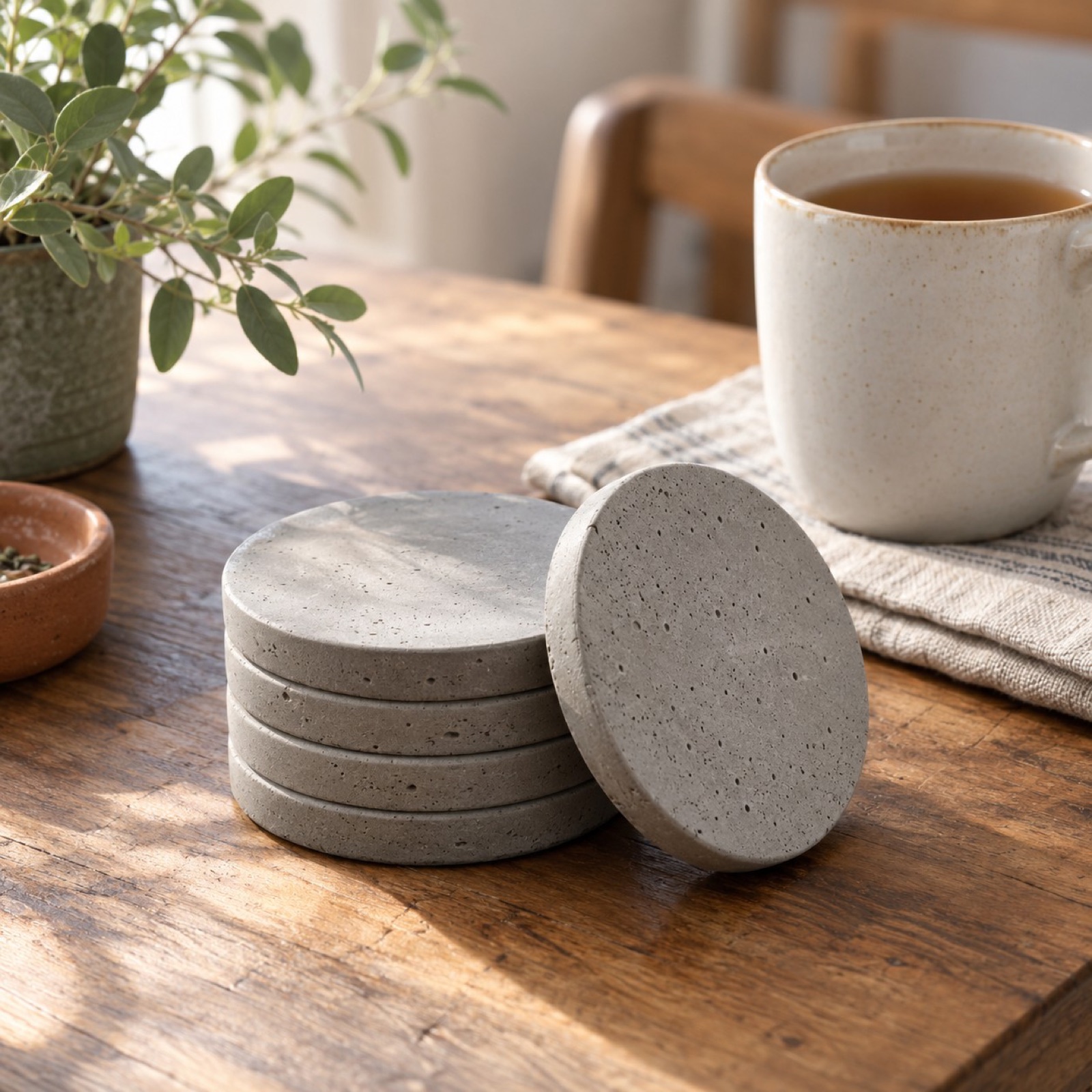 A set of four round concrete coasters stacked beside a cup of coffee