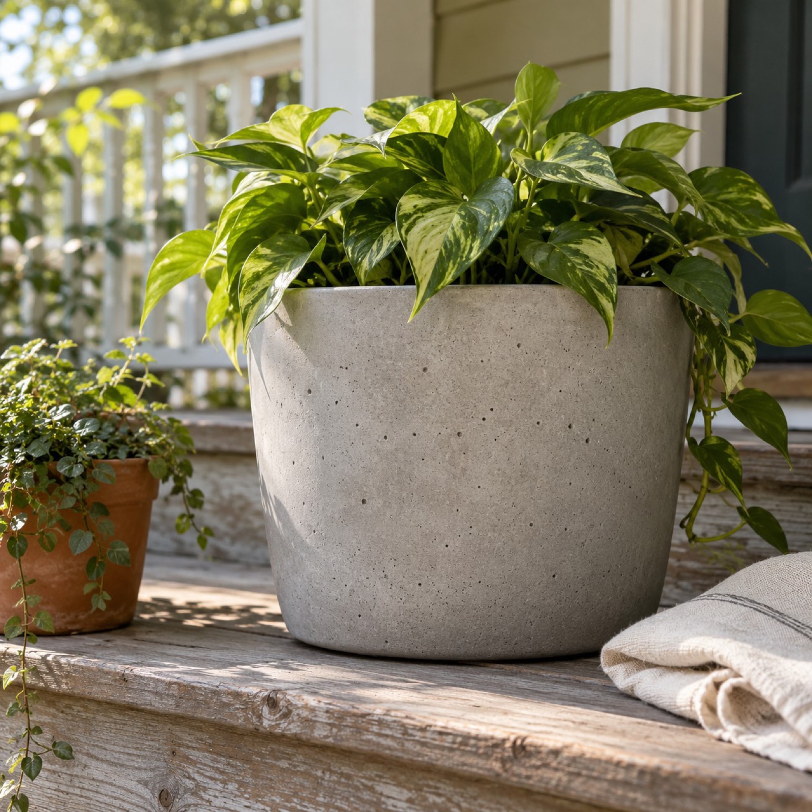 A large concrete planter holding a green plant on a front porch step