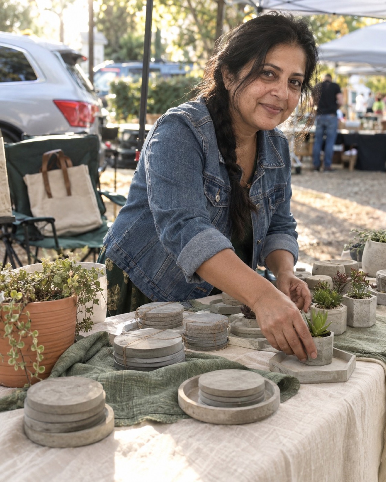 Woman arranging concrete coasters and mini planters on a market table